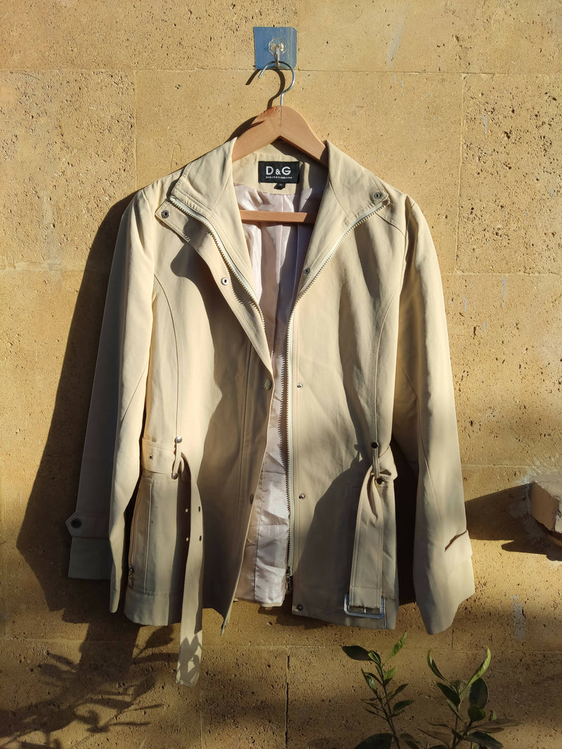 Beige Jacket with Zipper, Pockets & Belt