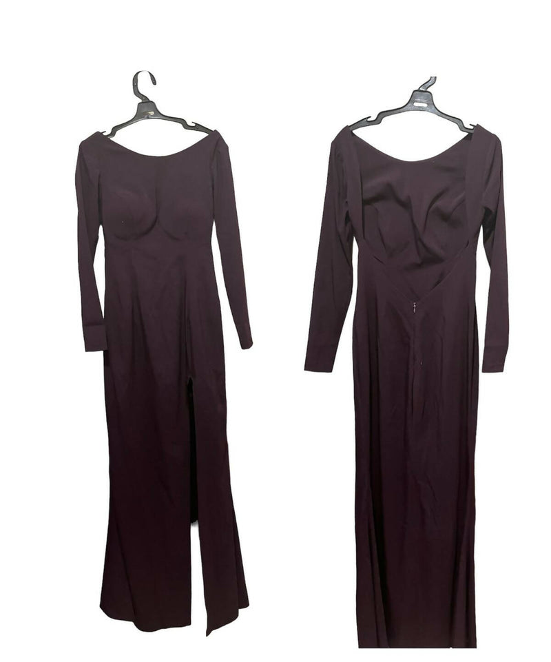 Violet Soiree Winter Dress with Open Back & High Slit