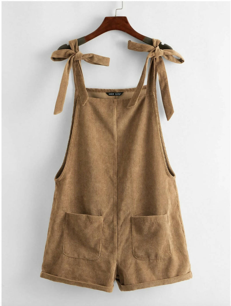 SHEIN Knot Shoulder Patch Pocket Cord Overall Shorts