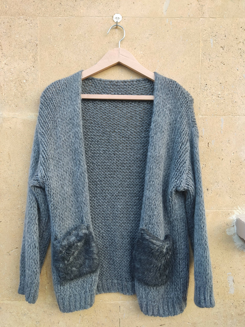 Grey Cardigan with Fur Front Pockets Size L