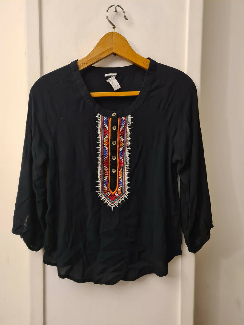 Forever 21 Black Embroidery, 3/4 Balloon Sleeves Blouse Size:S