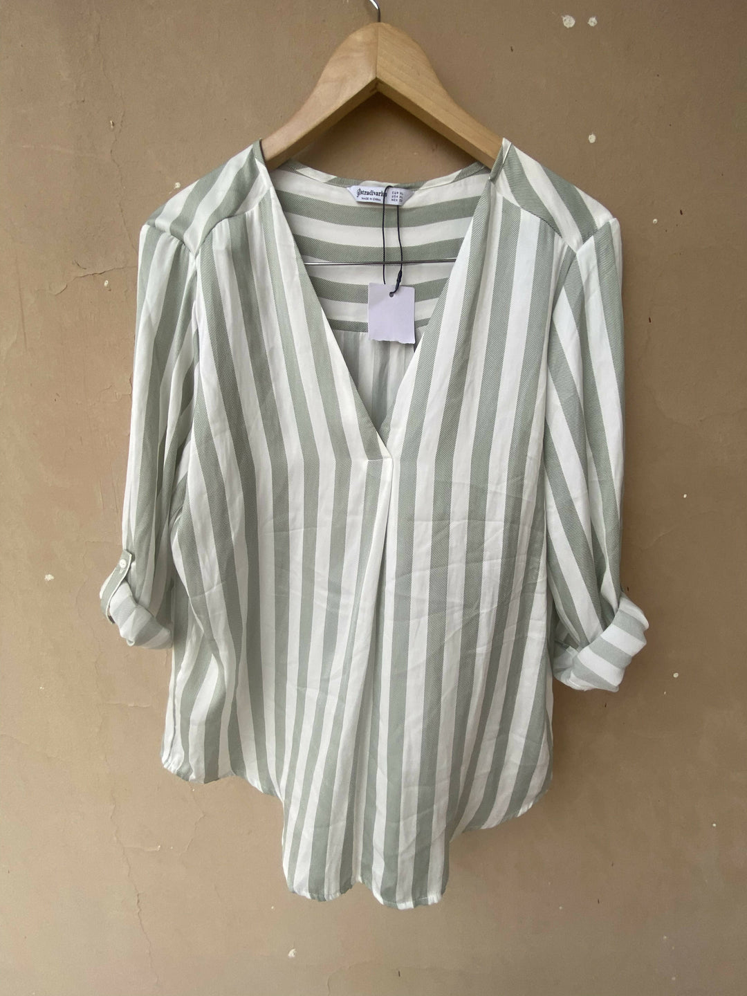 NEW Stradivarius Green Striped V-Chemise Size: L/XL