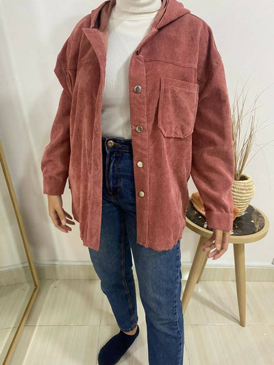 Pink Corduroy Jacket with Hood Free Size (New)