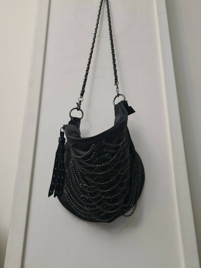 Edgy Black Leather Crossbody Bag with Chains