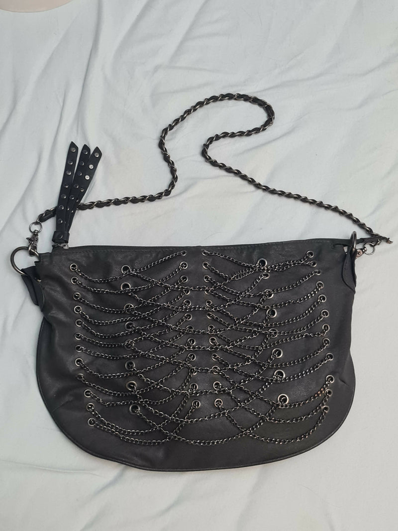 Edgy Black Leather Crossbody Bag with Chains