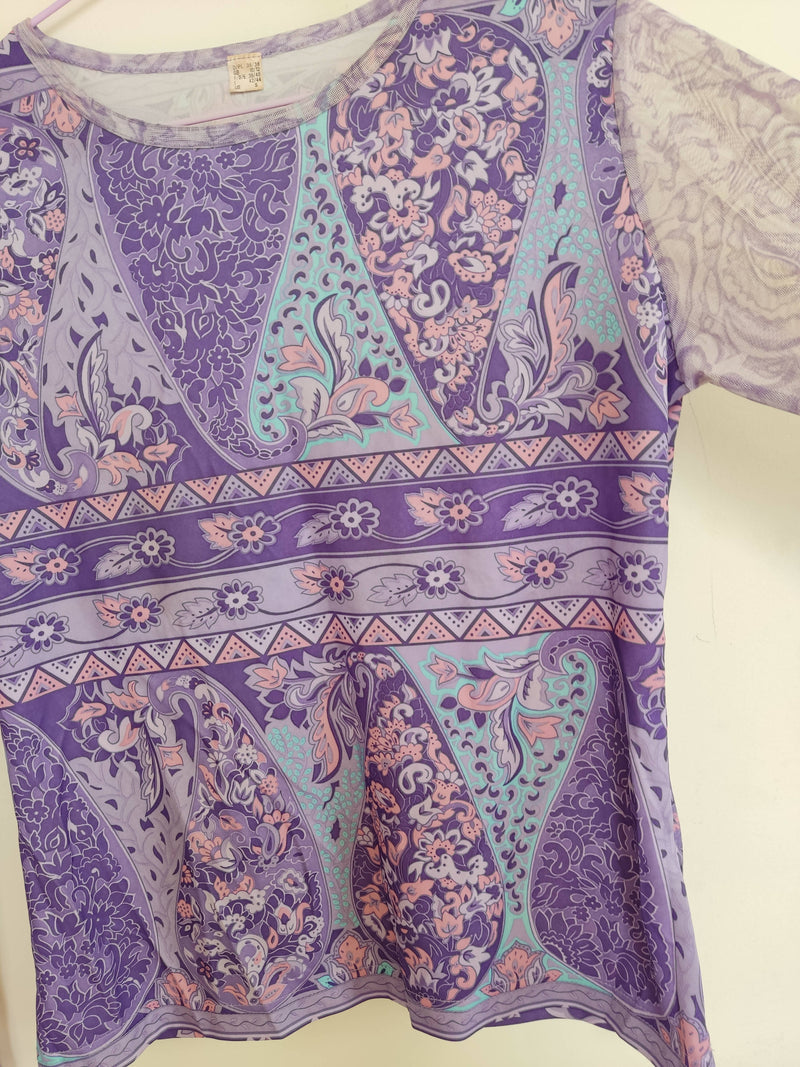 Patterned Lilac Top Mesh Sleeves Size M