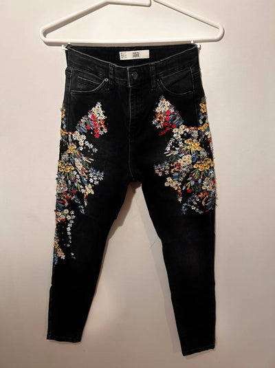 Topshop Jamie Embroidered Black Jeans US SIZE 26