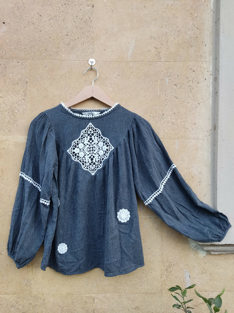 Zara Grey Top with white embroidery Size XS