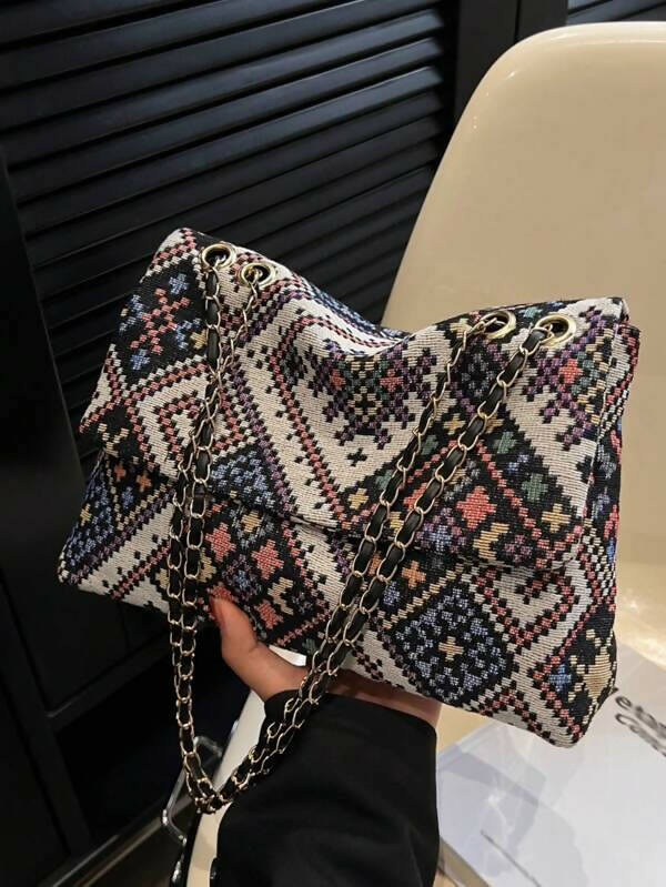 Argyle Pattern Flap Chain Square Bag