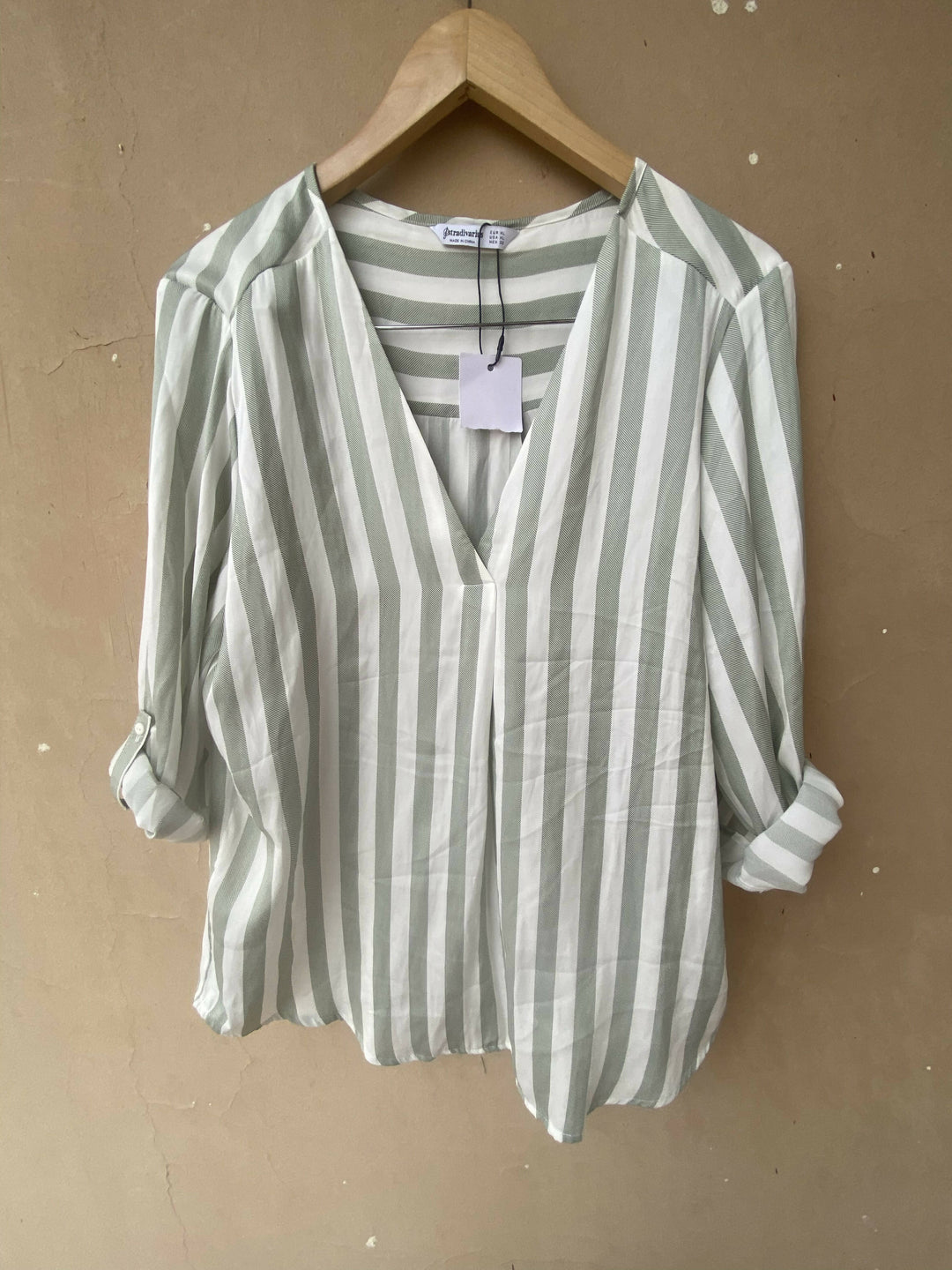 NEW Stradivarius Green Striped V-Chemise Size: L/XL
