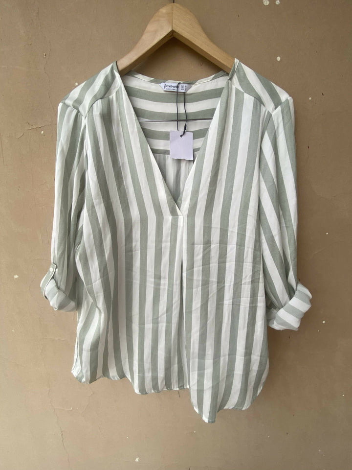 NEW Stradivarius Green Striped V-Chemise Size: L/XL