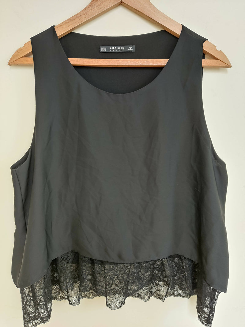 Zara Sleeveless Black Top with Lace Layer Size XL