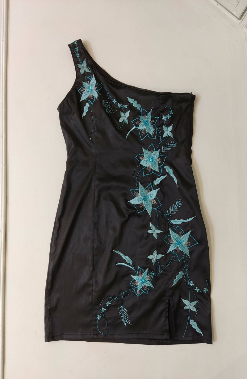 Black One Shoulder Dress with Blue Stitching Size S