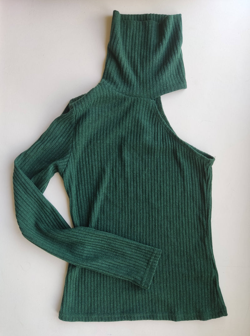 SHEIN Green One-Shoulder Long-Sleeved Green High-Neck Top Size: M