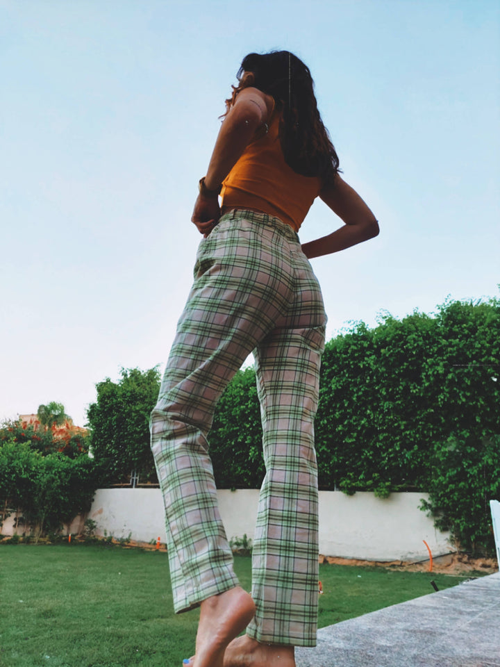White & Green Checkered Vintage Pants