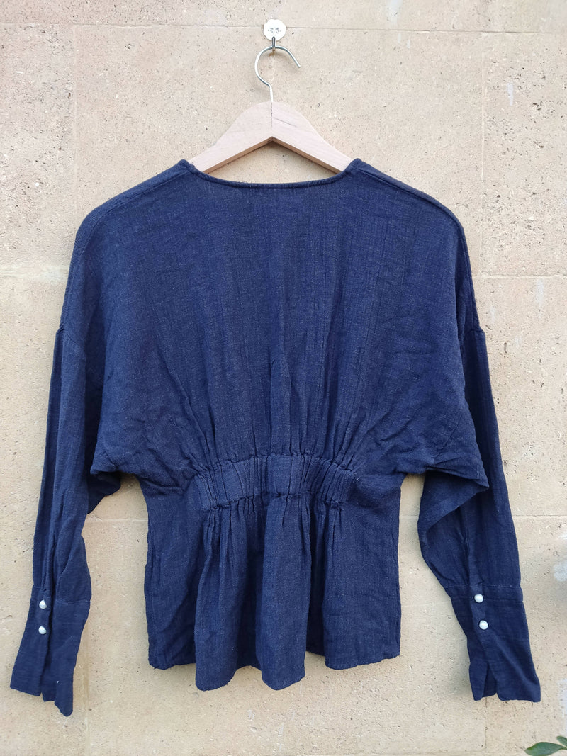 Zara Long sleeved Navy blouse with pearl buttons Size XS