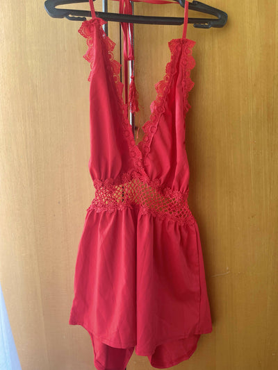 Lace Open-Back Tassel Halter Romper in Red Size: S