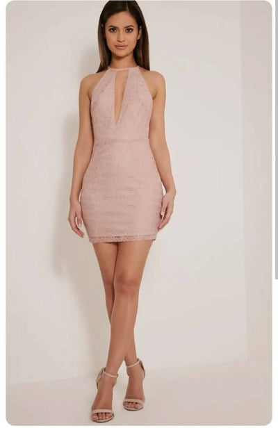 New Pretty Little Thing leana dusty pink keyhole strappy back lace dress