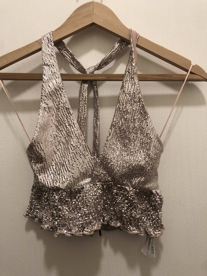 XS Bershka Pink Lilac Sequins Back Tie Top